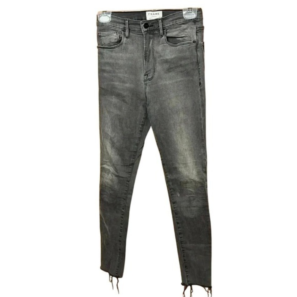 Frame Denim High Rise Skinny Jeans Grey Frayed Raw Hem Ankle Slit 27  Edgy Grung - Picture 2 of 12